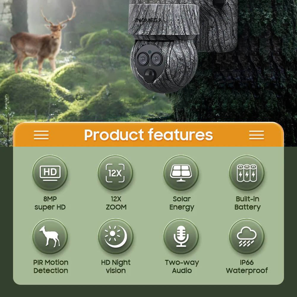 INQMEGA 8MP 4G/WiFi Solar Powered Wildlife Surveillance Hunting Trail Camera