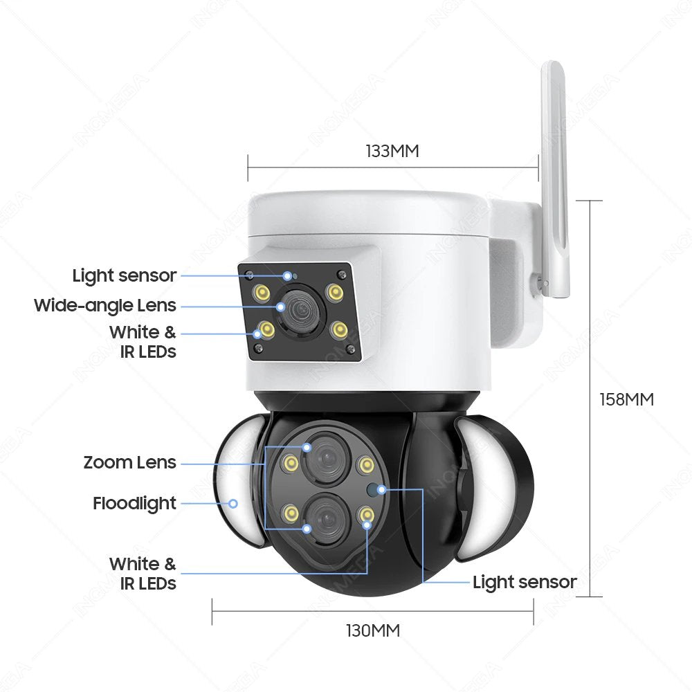 INQMEGA WiFi 4MP 10x Zoom Multiple Lens PTZ Floodlight Security Surveillance Camera