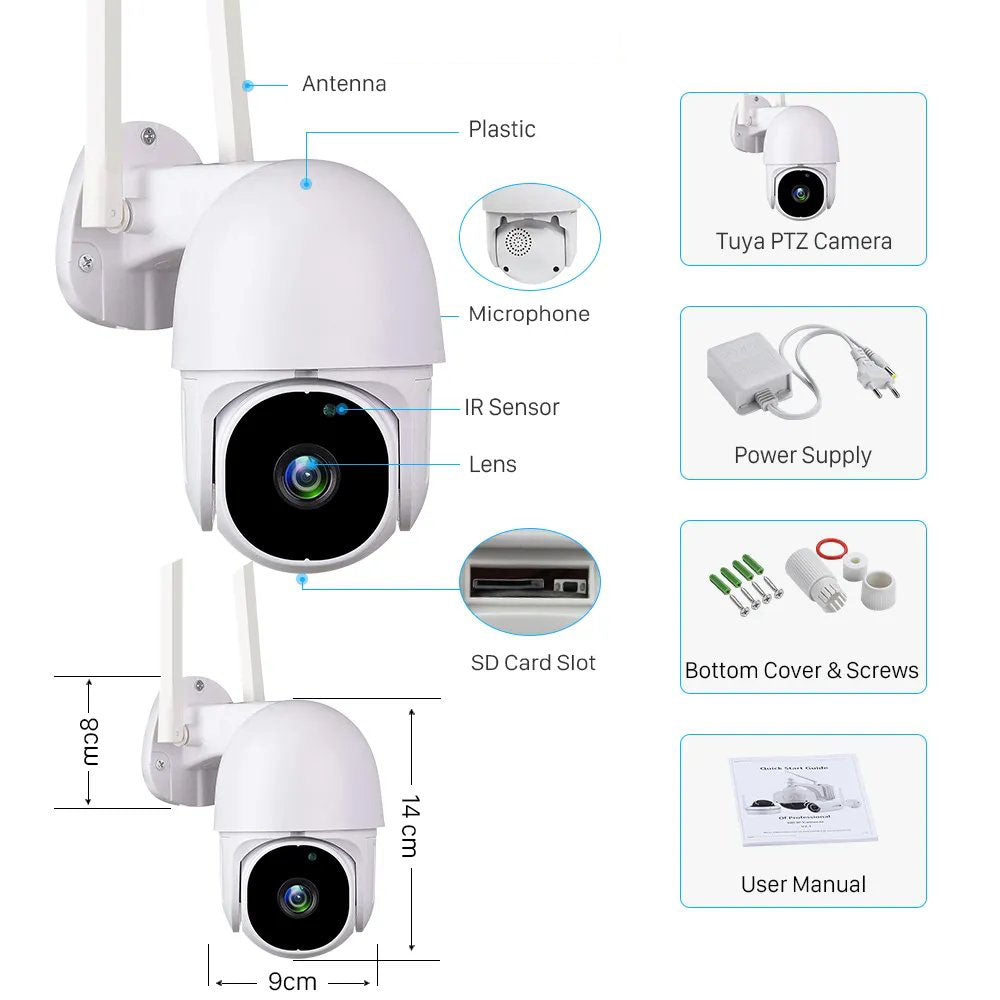 Tuya Smart 3MP WiFi Outdoor PTZ Security Surveillance CCTV Camera